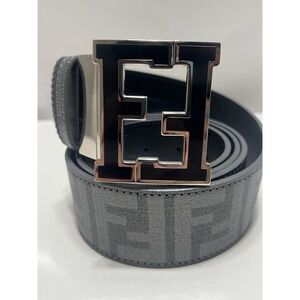 Men's FENDI Coated Canvas Belt 38 Tobbacco Zucca Gray FF Logo Buckle Reversible